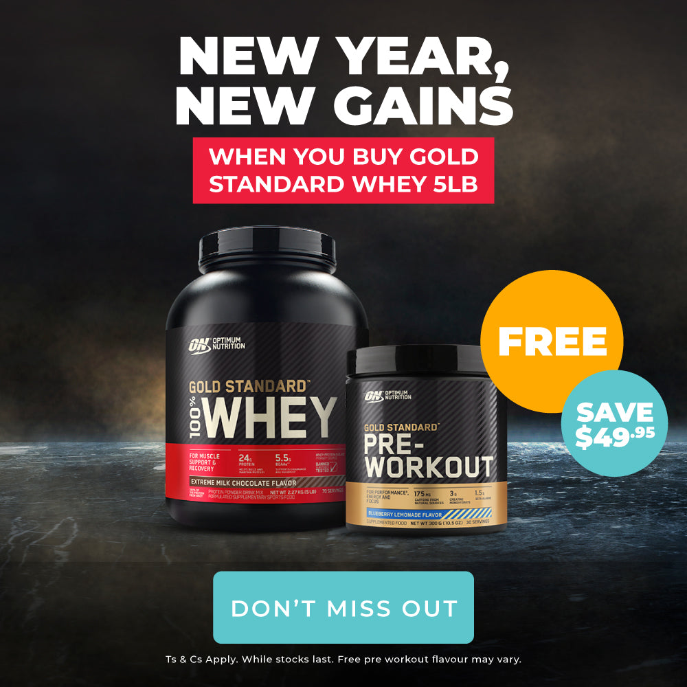 New Year, new gains: Buy any Gold Standard Whey 5lb Get a FREE Gold Standard Pre (30 Serve) 