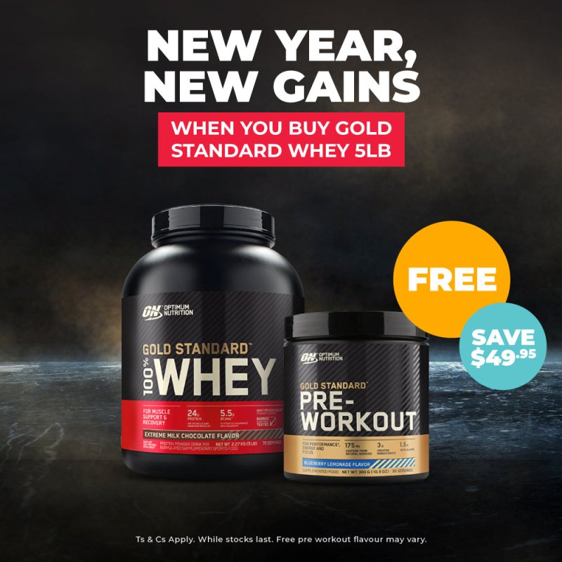 New Year, new gains: Buy any Gold Standard Whey 5lb Get a FREE Gold Standard Pre (30 Serve) 