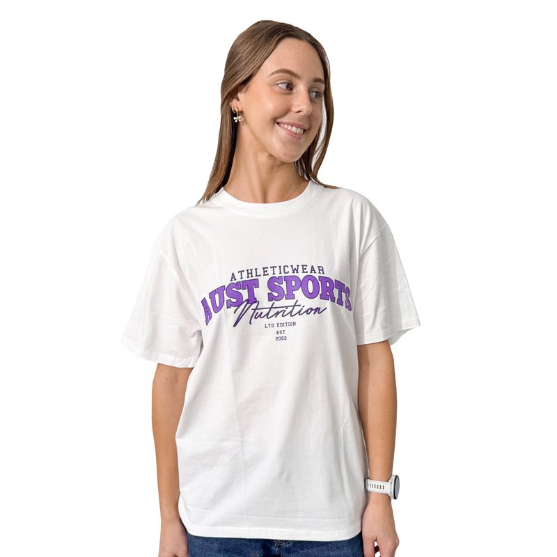 White Tee - Purple Varsity Logo