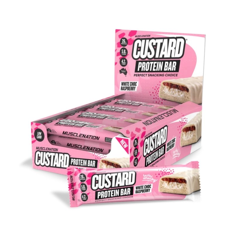 Muscle Nation Custard Protein Bar - Box of 12 White Choc Raspberry